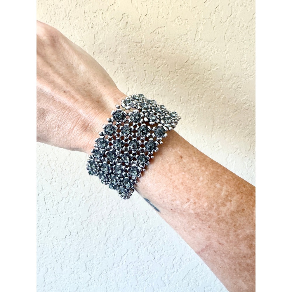 Floral Rhinestone Stretch Cuff Bracelet Silver Tone Wide Statement‎ Resortwear